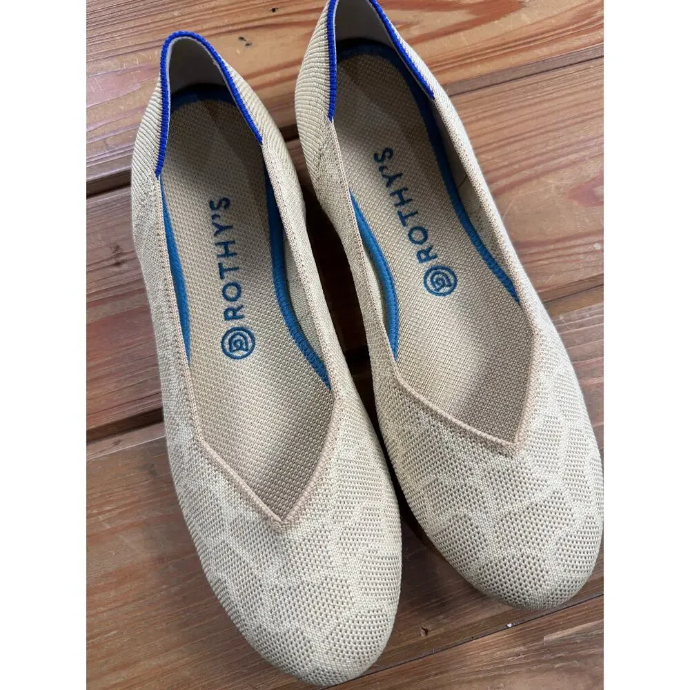 Rothy’s The Flat Beige Tan Knit Ballet Flats Blue Trim Women’s 9.5 Washable